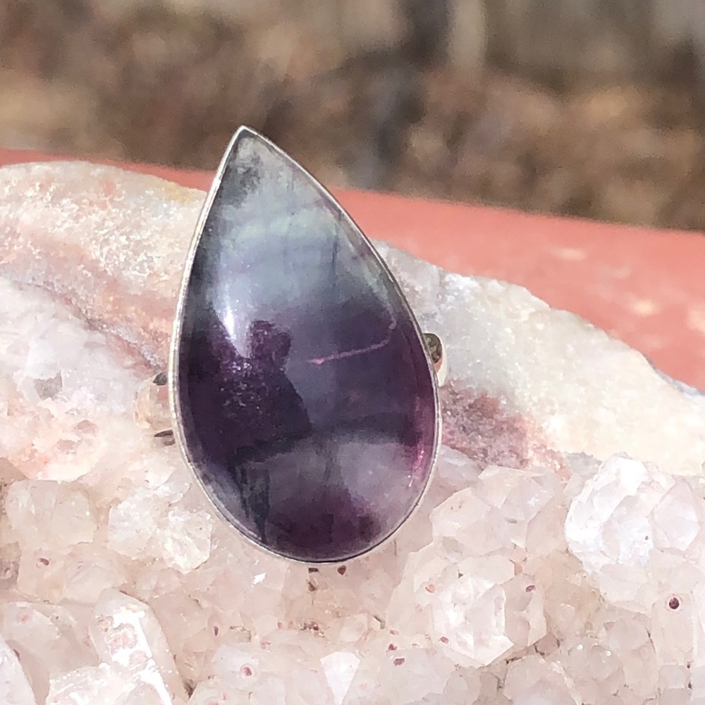 BOUTIQUE RAINBOW FLUORITE 925 STERLING SILVER RING